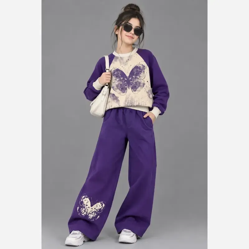 ست بلوز شلوار بگ دخترانه طرح پروانه دورس دو نخ گرم بالا