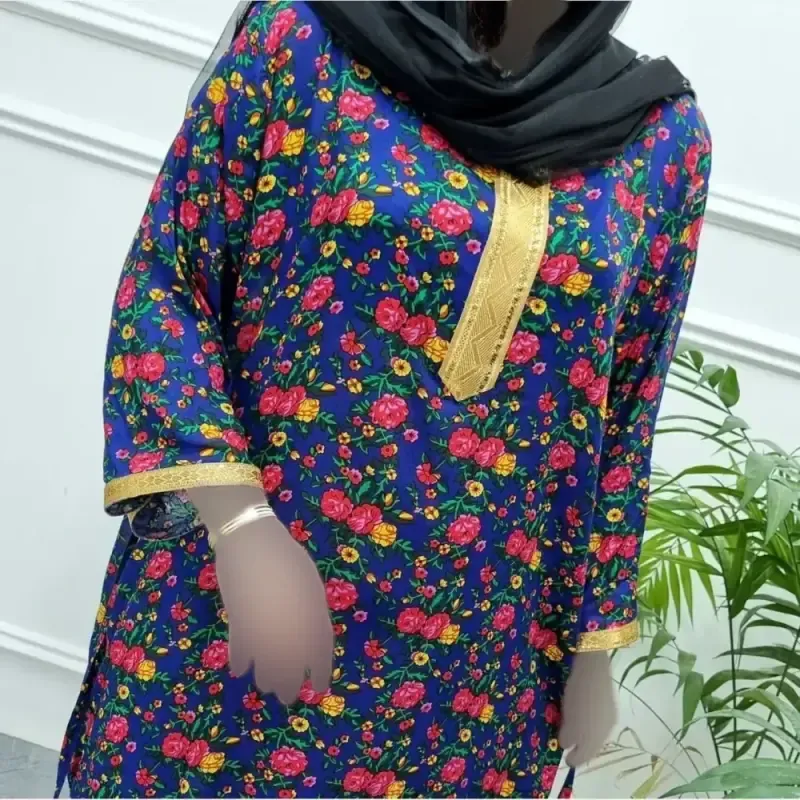 پیراهن ساحلی نخی یقه طلا کوب زنانه و دخترانه فری سایز