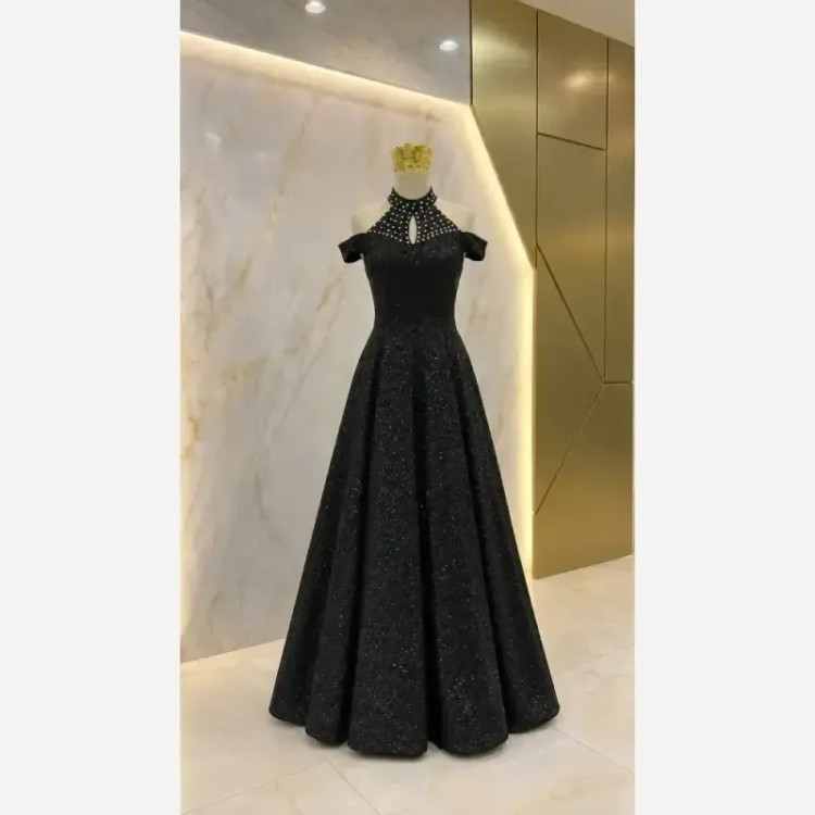 ماکسی مجلسی دانتل چمنی مشکی کاپدار و استردار نگین دوزی شده سایز 38 تا 52