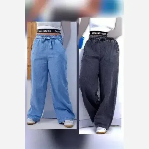 شلوار بگ زنانه طرح جین نیل ترک وارداتی کمر کش و کمربند دار