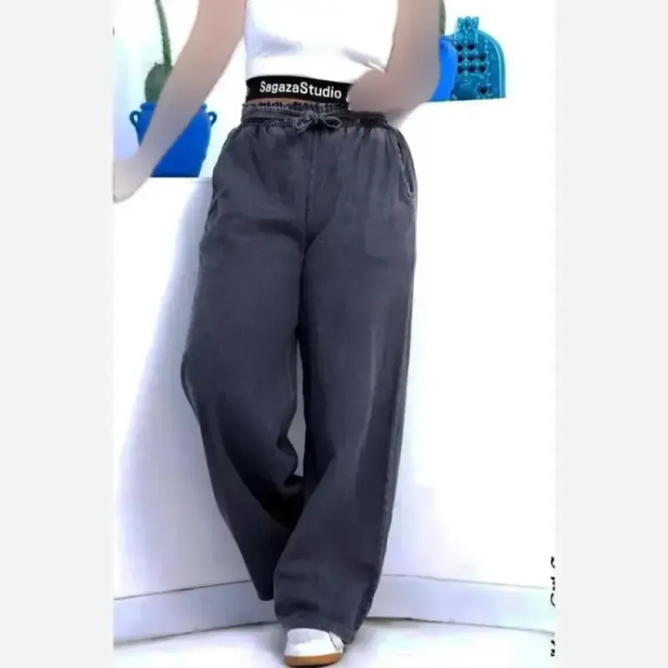 شلوار بگ زنانه طرح جین نیل ترک وارداتی کمر کش و کمربند دار