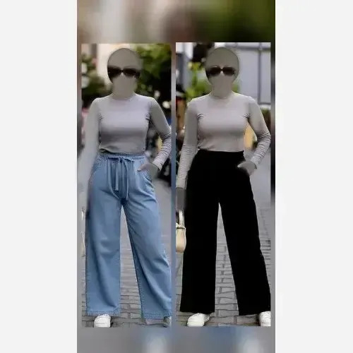 شلوار بگ زنانه طرح جین نیل ترک وارداتی کمر کش و کمربند دار