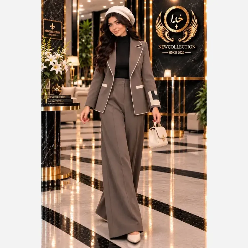 ست کت و شلوار زنانه مزونی نیلوفر جنس هرمس درجه یک سایز 38 تا 46