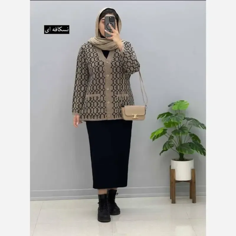 ژاکت بافت مخملی یقه هفت فری سایز جیب دار