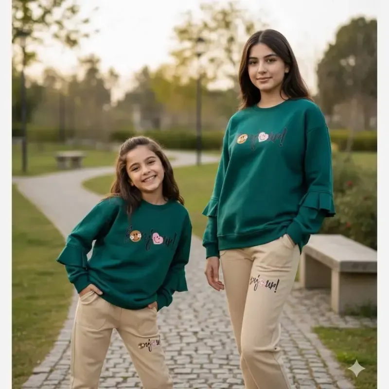 ست بلوز و شلوار مجلسی دخترانه بلوز پنبه دورس لاکرا و شلوار کتان سبز و صورتی سایز 55 تا 65